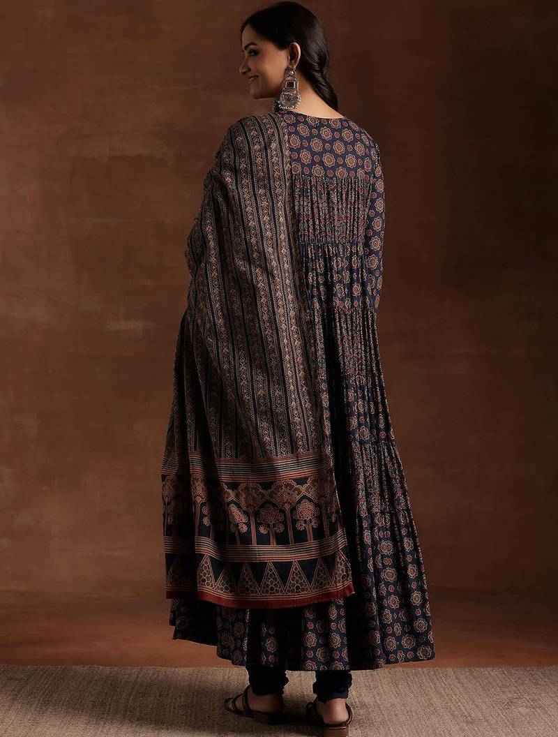 womens blue printed cotton anarkali kurta with churidar & dupatta