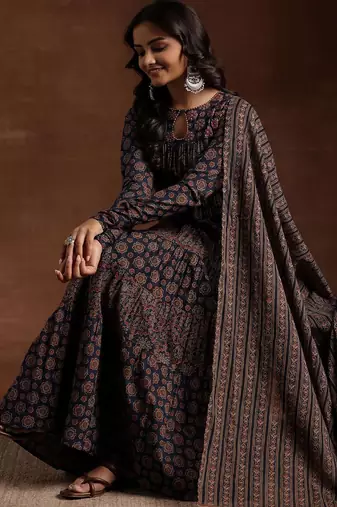 womens blue printed cotton anarkali kurta with churidar & dupatta