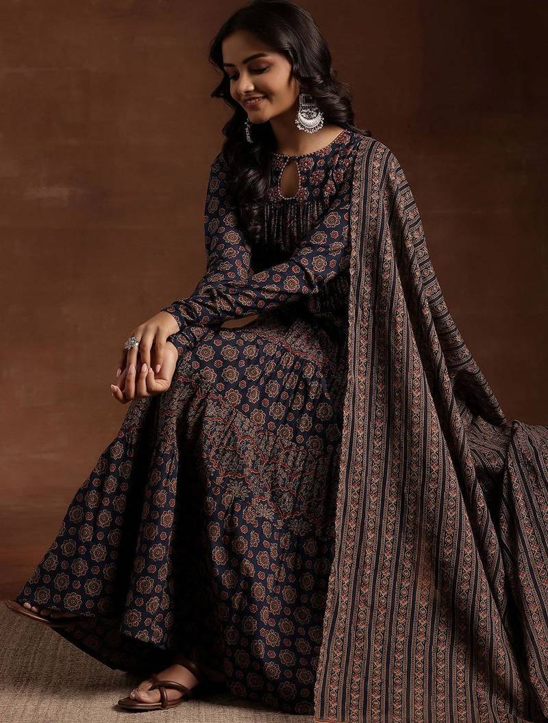 womens blue printed cotton anarkali kurta with churidar & dupatta