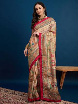 Beige ethnic motifs printed banarasi saree 1