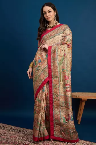 Beige ethnic motifs printed banarasi saree