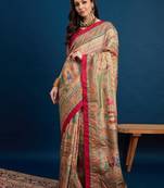 Beige ethnic motifs printed banarasi saree