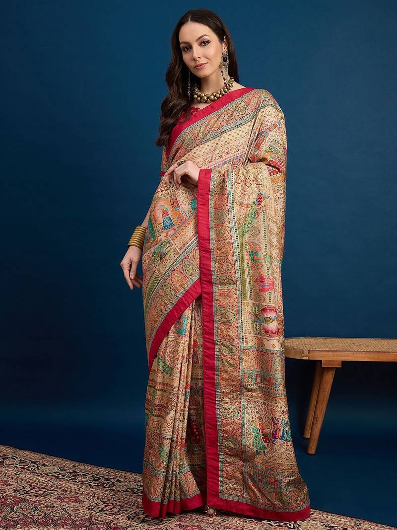 Beige ethnic motifs printed banarasi saree