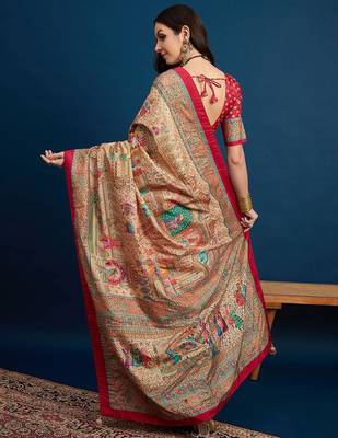 Beige ethnic motifs printed banarasi saree 2