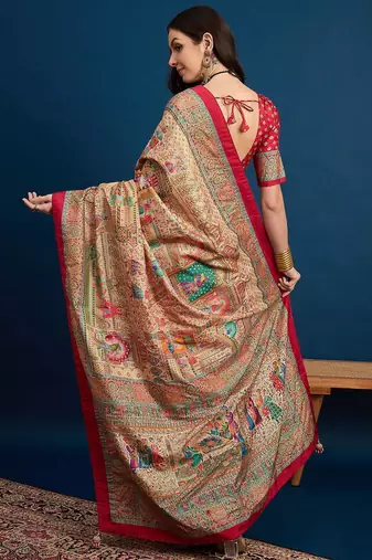 Beige ethnic motifs printed banarasi saree