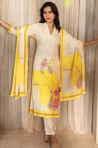off white printed muslin straight suit set with dupatta