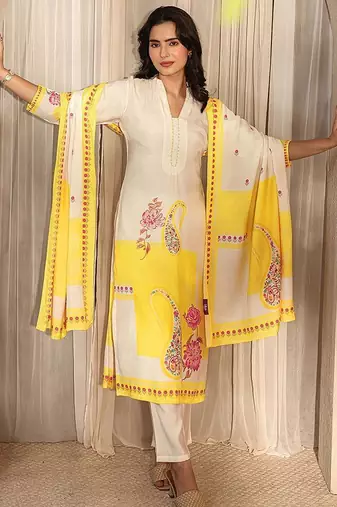 off white printed muslin straight suit set with dupatta
