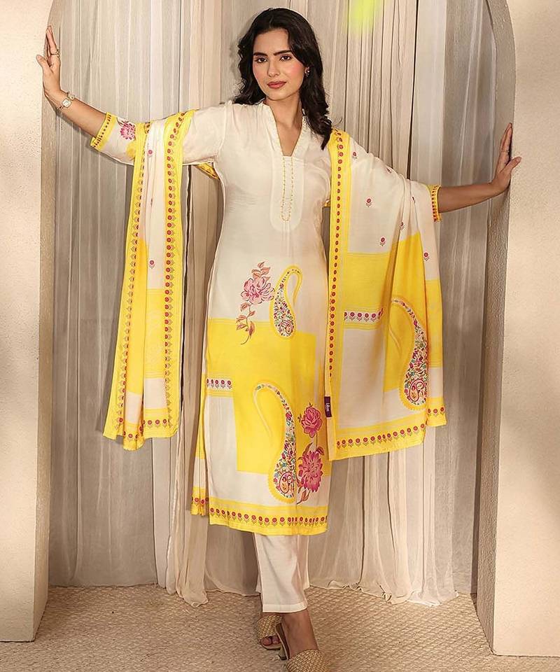 off white printed muslin straight suit set with dupatta