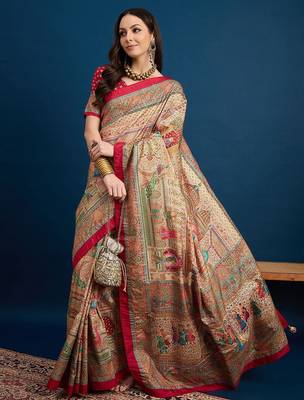 Beige ethnic motifs printed banarasi saree 3