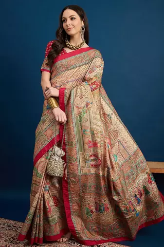 Beige ethnic motifs printed banarasi saree