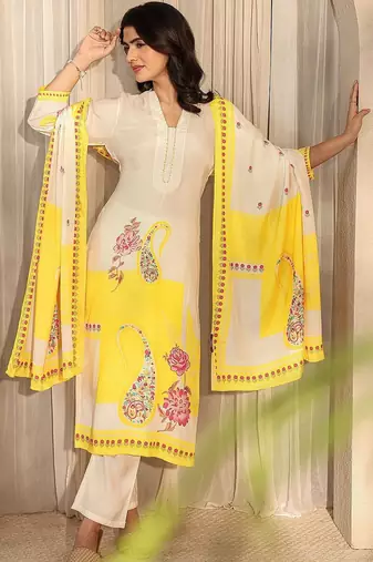 off white printed muslin straight suit set with dupatta