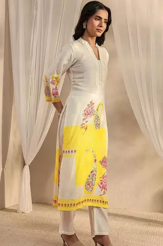off white printed muslin straight suit set with dupatta