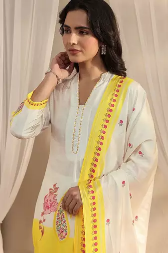 off white printed muslin straight suit set with dupatta