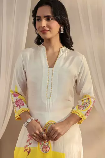 off white printed muslin straight suit set with dupatta