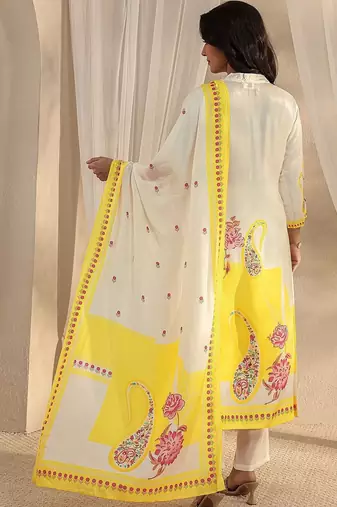 off white printed muslin straight suit set with dupatta