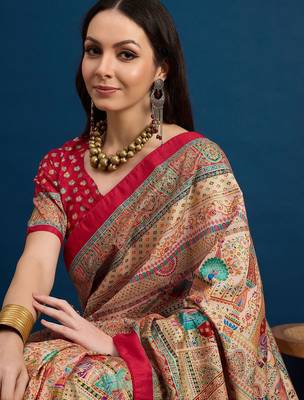 Beige ethnic motifs printed banarasi saree 4