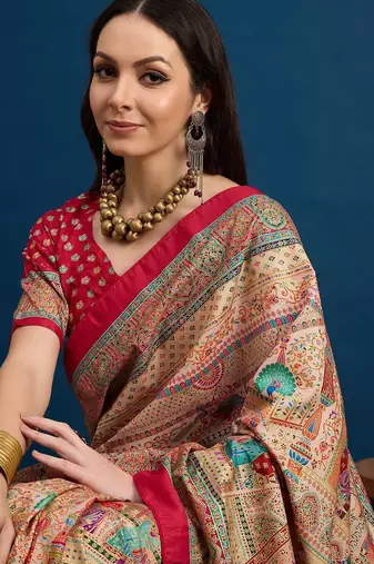 Beige ethnic motifs printed banarasi saree