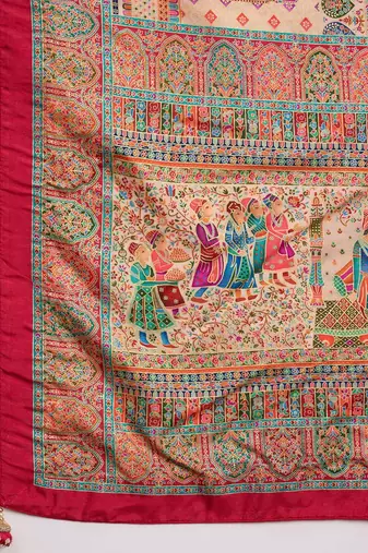 Beige ethnic motifs printed banarasi saree