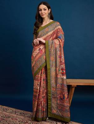 Peach ethnic motifs banarasi saree with unstitched blouse piece 1