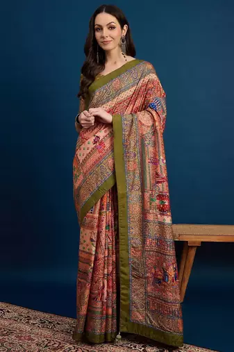 Peach ethnic motifs banarasi saree with unstitched blouse piece