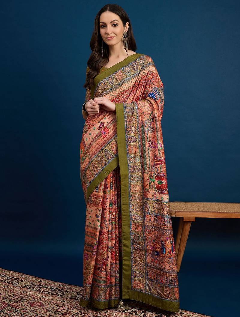 Peach ethnic motifs banarasi saree with unstitched blouse piece