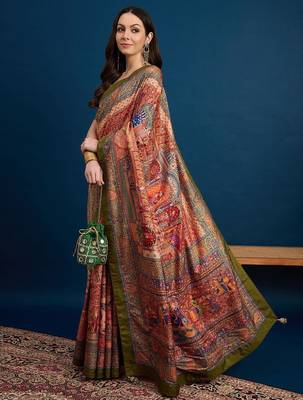 Peach ethnic motifs banarasi saree with unstitched blouse piece 2