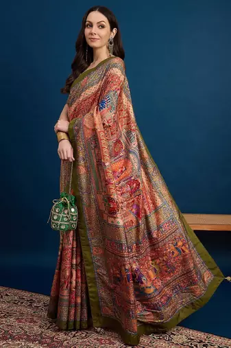 Peach ethnic motifs banarasi saree with unstitched blouse piece