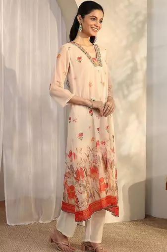 women floral printed regular thread work kurta with trousers & with dupatta
