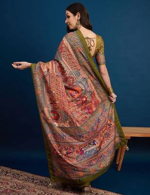 Peach ethnic motifs banarasi saree with unstitched blouse piece 3