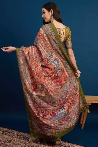 Peach ethnic motifs banarasi saree with unstitched blouse piece