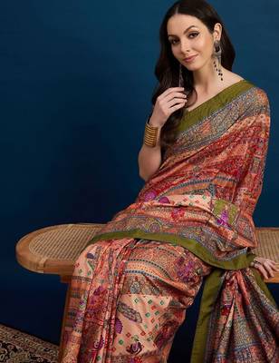 Peach ethnic motifs banarasi saree with unstitched blouse piece 4