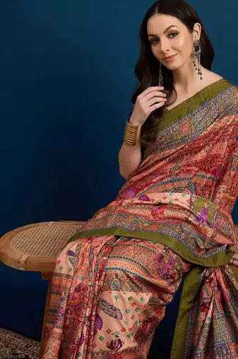 Peach ethnic motifs banarasi saree with unstitched blouse piece