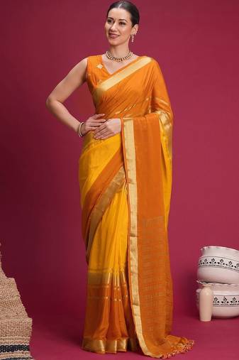 Mustard woven design zari silk cotton handloom mysore silk saree