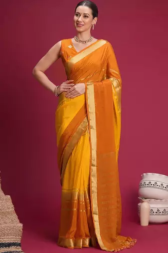 Mustard woven design zari silk cotton handloom mysore silk saree