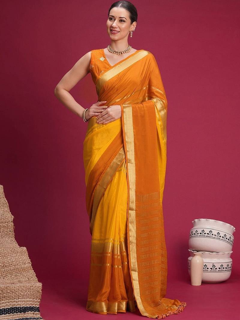 Mustard woven design zari silk cotton handloom mysore silk saree