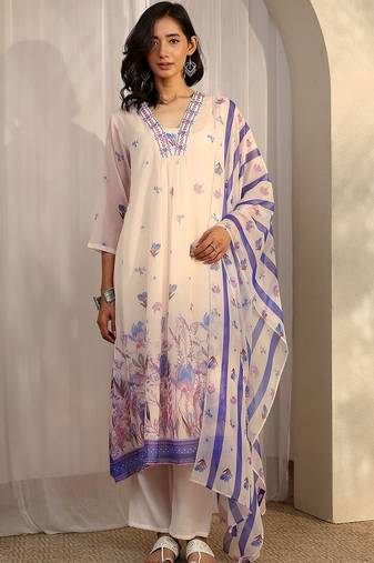 women floral printed regular thread work kurta with trousers & with dupatta