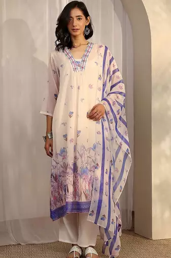 women floral printed regular thread work kurta with trousers & with dupatta