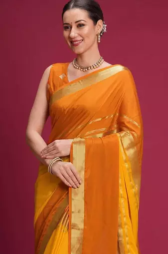 Mustard woven design zari silk cotton handloom mysore silk saree