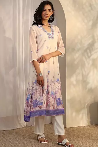 women floral printed regular thread work kurta with trousers & with dupatta