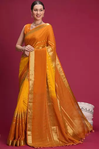 Mustard woven design zari silk cotton handloom mysore silk saree