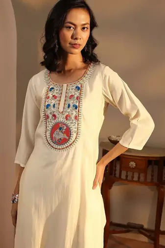 women ethnic motifs embroidered regular thread work chanderi silk kurta with trousers & with dupatta