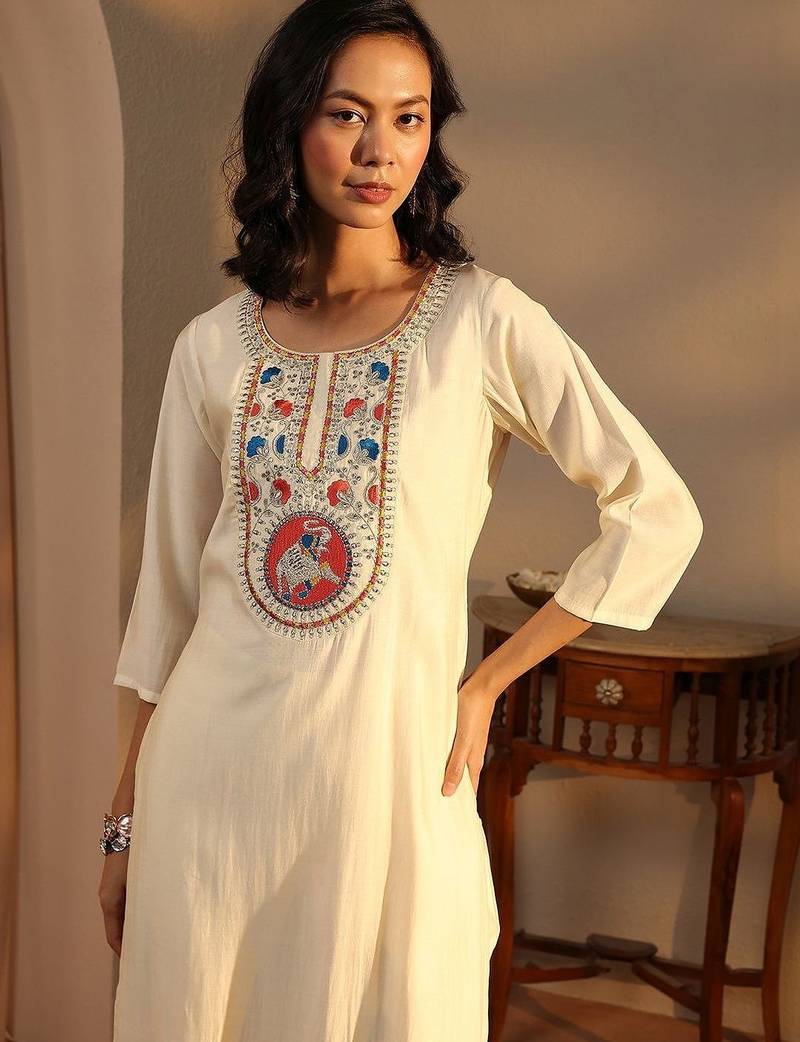 women ethnic motifs embroidered regular thread work chanderi silk kurta with trousers & with dupatta