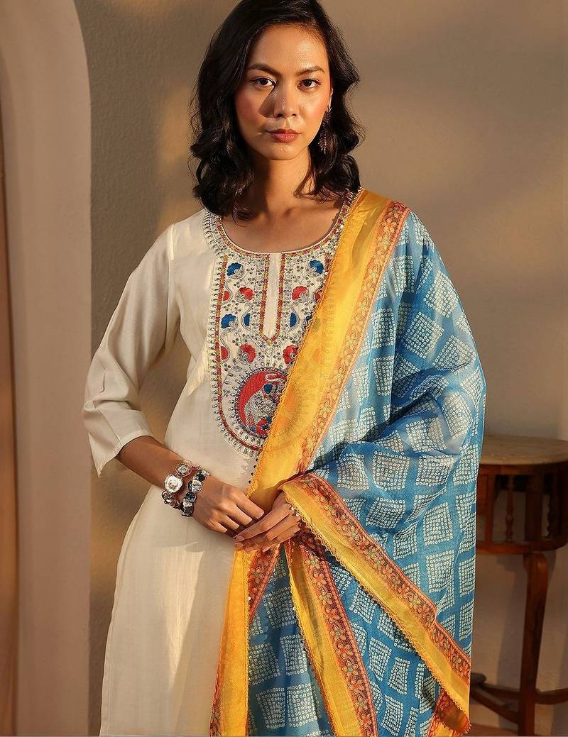 women ethnic motifs embroidered regular thread work chanderi silk kurta with trousers & with dupatta