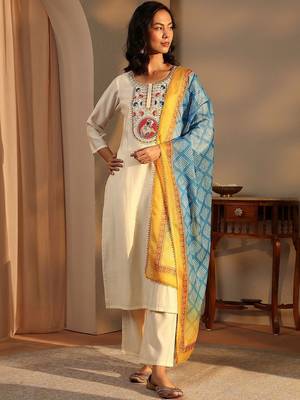 women ethnic motifs embroidered regular thread work chanderi silk kurta with trousers & with dupatta 1