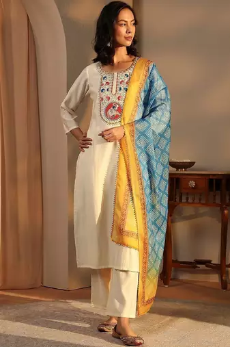 women ethnic motifs embroidered regular thread work chanderi silk kurta with trousers & with dupatta