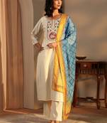 women ethnic motifs embroidered regular thread work chanderi silk kurta with trousers & with dupatta