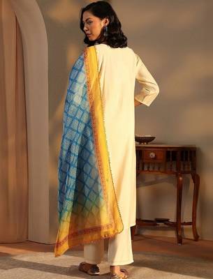 women ethnic motifs embroidered regular thread work chanderi silk kurta with trousers & with dupatta 7