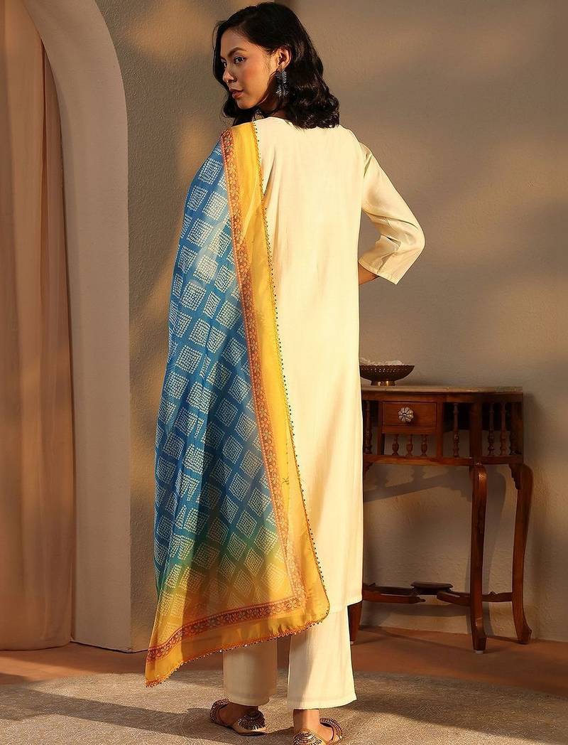 women ethnic motifs embroidered regular thread work chanderi silk kurta with trousers & with dupatta