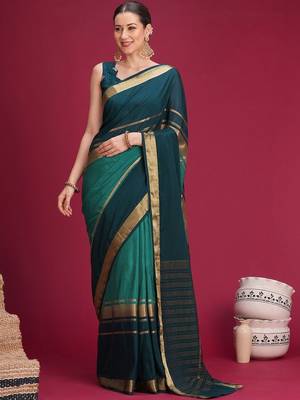 Teal woven design zari silk cotton handloom saree 1
