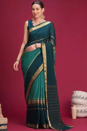 Teal woven design zari silk cotton handloom saree